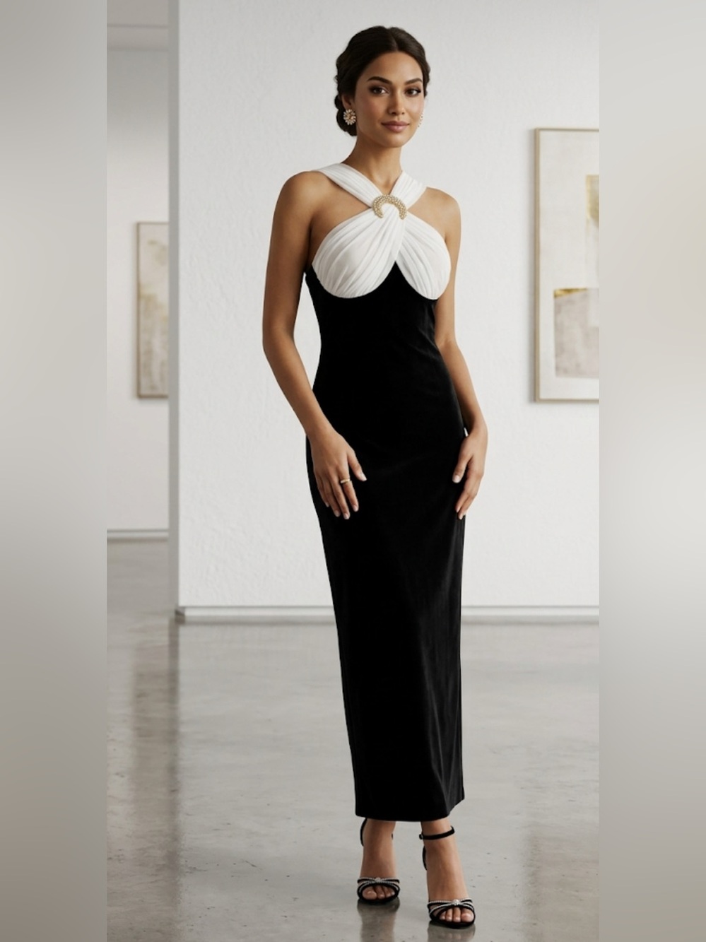 Vintage Night Studio Black Maxi Dress with White Crossed Bodice
